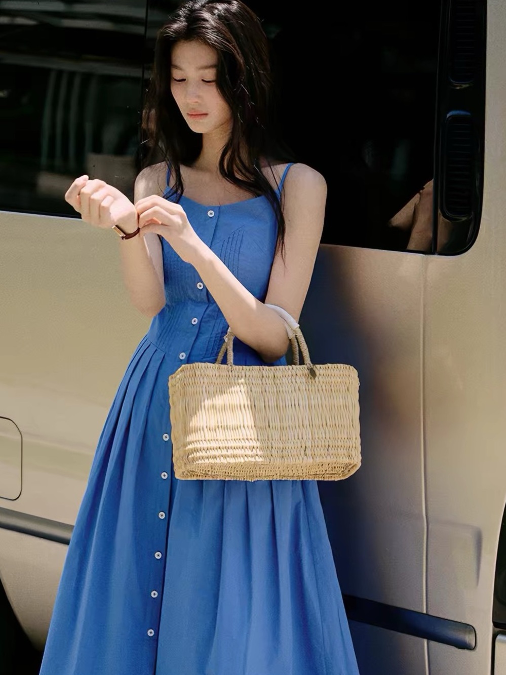 Sleeveless Button-Front Maxi Dress in Blue
